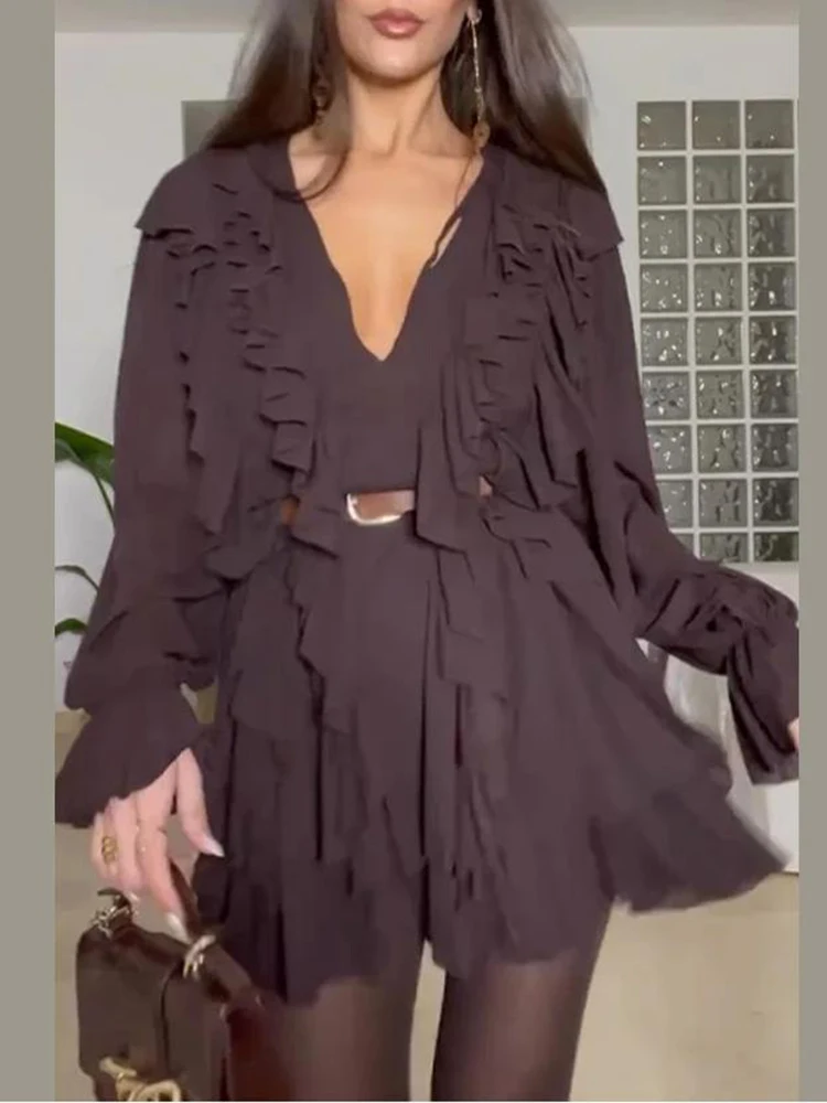 

Летнее женское коричневое сексуальное мини-платье трапециевидной формы с рюшами и рукавами-фонариками, корейское модное свободное вечернее платье с v-образным вырезом и длинными рукавами