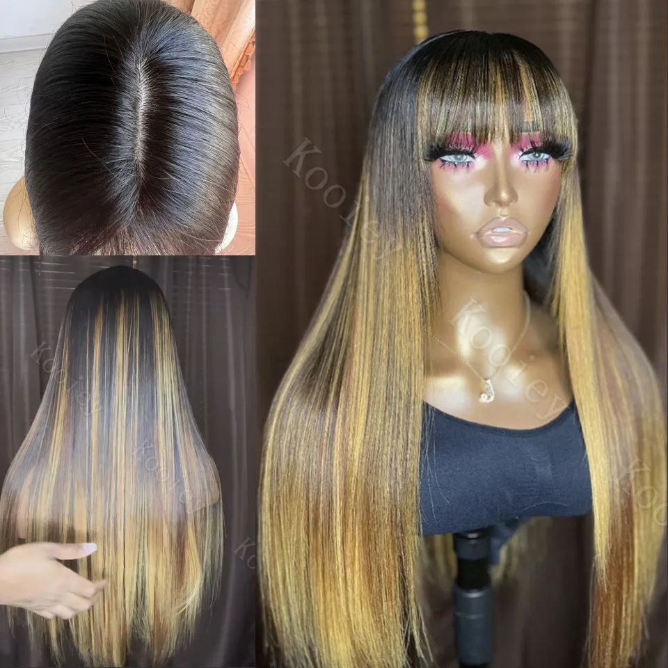 

Выделите Коричневый Блондинка Бесклеевой Шелковый Верх Парик Человеческих Волос С Челкой Отбеленные Узлы 13x613x4 Костный Прямой Парик Фронта Шнурка Для Женщин