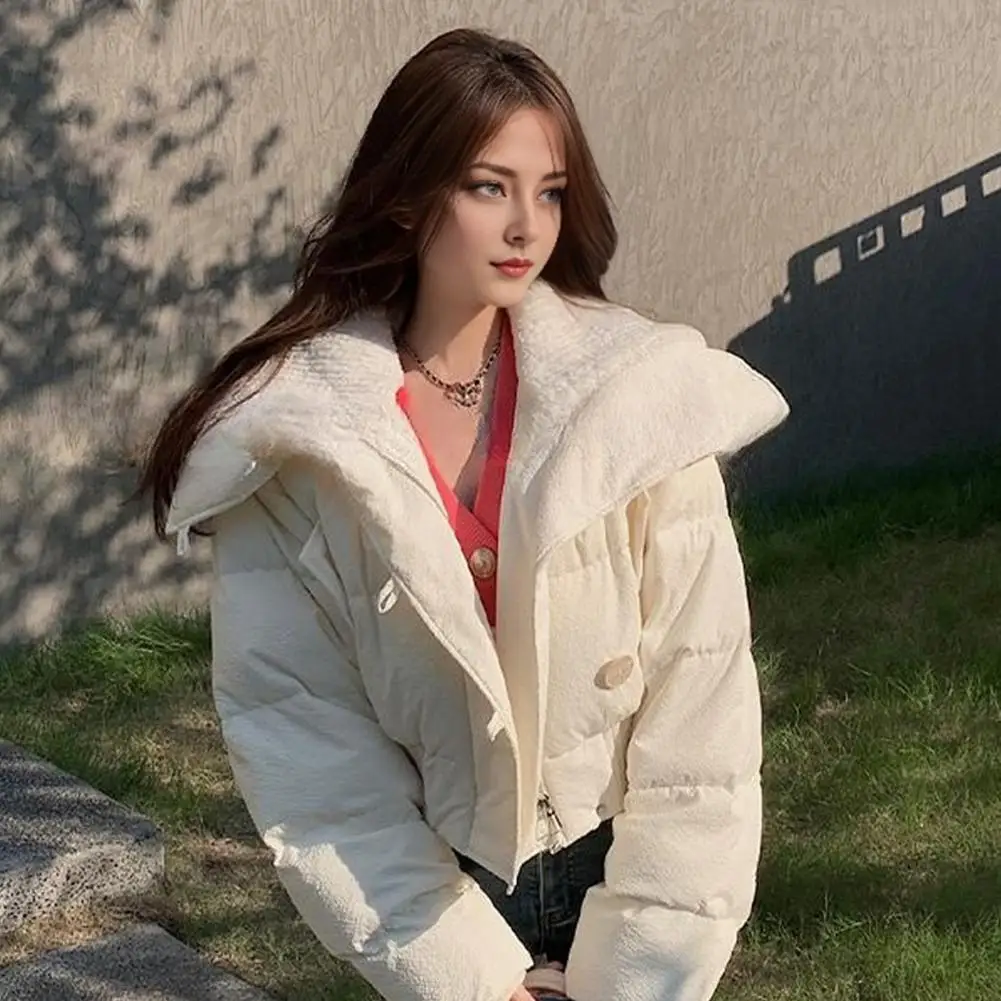 Short Type Women Winter Cotton Coat Korean Style High Collar Cropped Parkas Thickened Padded Single-breasted Stretchy Overcoat