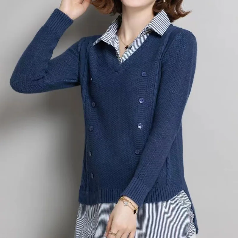 Autumn Winter Fashion Elegant Fake Two Pieces Knitted Tops Womens Clothing Korean Polo-Neck Button Patchwork Sweaters for Female