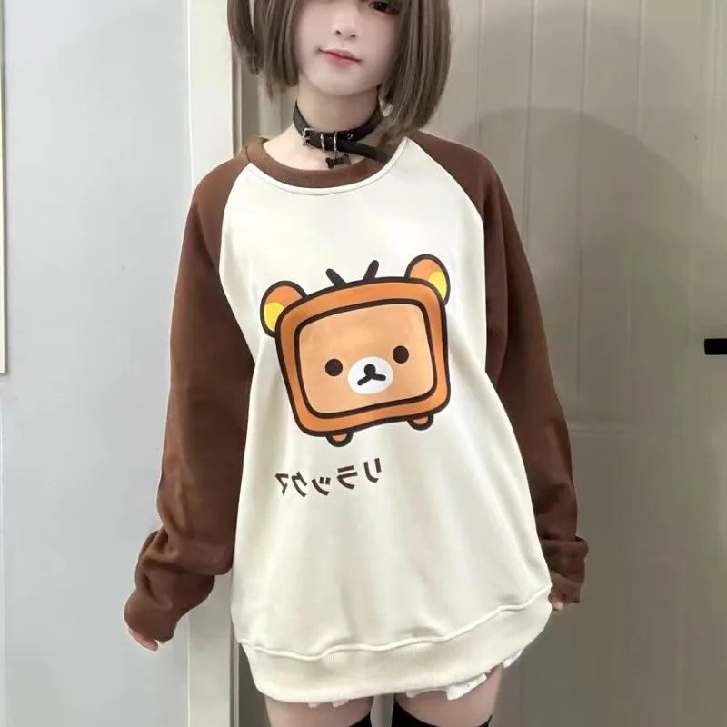 

Sweet Cute Cartoon Print Hoodies Japanese Spliced Color O Neck Long Sleeve Girl Sweatshirts All Match Y2k Aesthetic Clothing