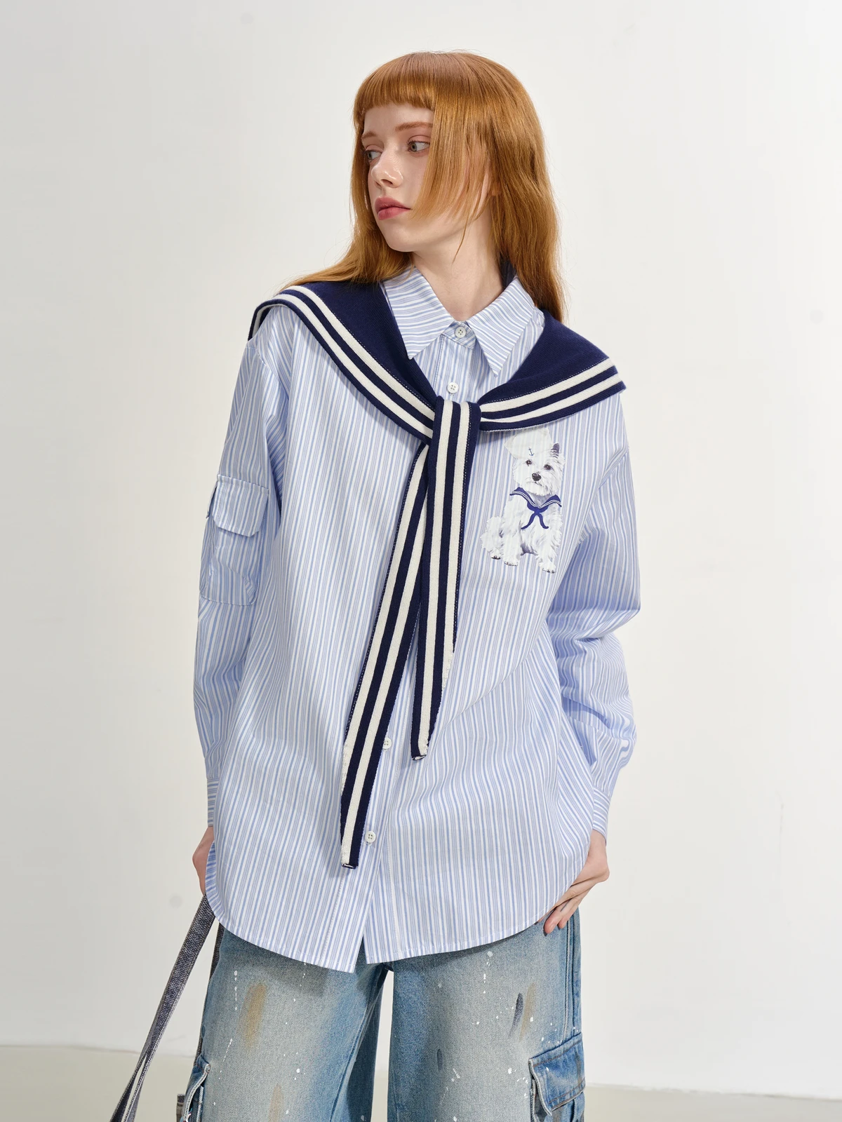 

Женская футболка SOFITTE синяя в полоску, с воротником-стойкой, повседневная, свободного кроя, из премиального хлопкового материала, с принтом