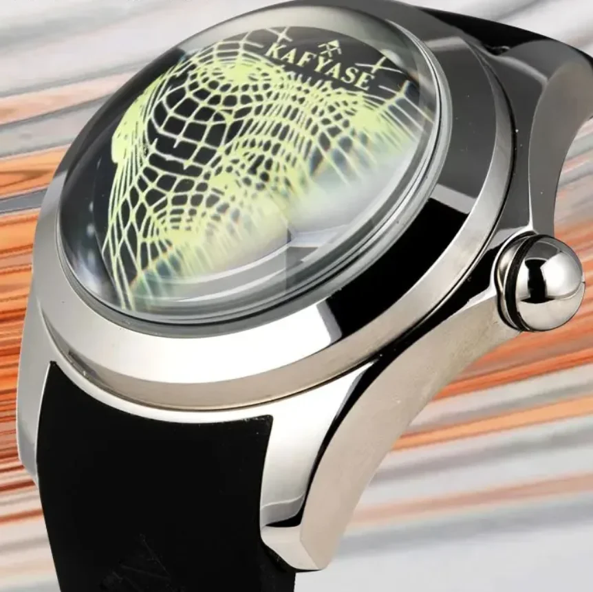 ساعة KAFYASE للرجال أوتوماتيكية 46 ملم ساعة يد ميكانيكية مضيئة بمرآة معدنية وحزام مطاطي