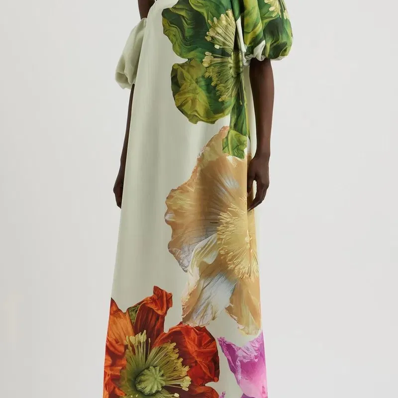 

Casual Loose Women's Dresses New Summer Floral Print Slash Neck Elegant Party Evening Maxi Dresses Fashion Vacation Beach Dress