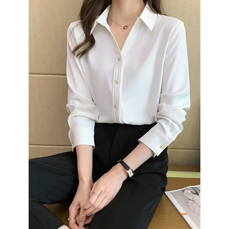 Women's Graceful Solid Spring Autumn Satin Shirts Office Lady Fashion Long Sleeve Polo Blouse 2024 Falls New Work Tops Female