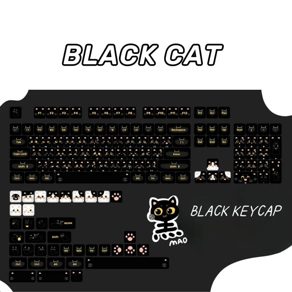 Imagem -06 - Teclado Mecânico Keycaps Conjunto para Meninas Black Cat Mao Perfil Pbt Square Key Cap Sublimação Térmica 142 Chaves