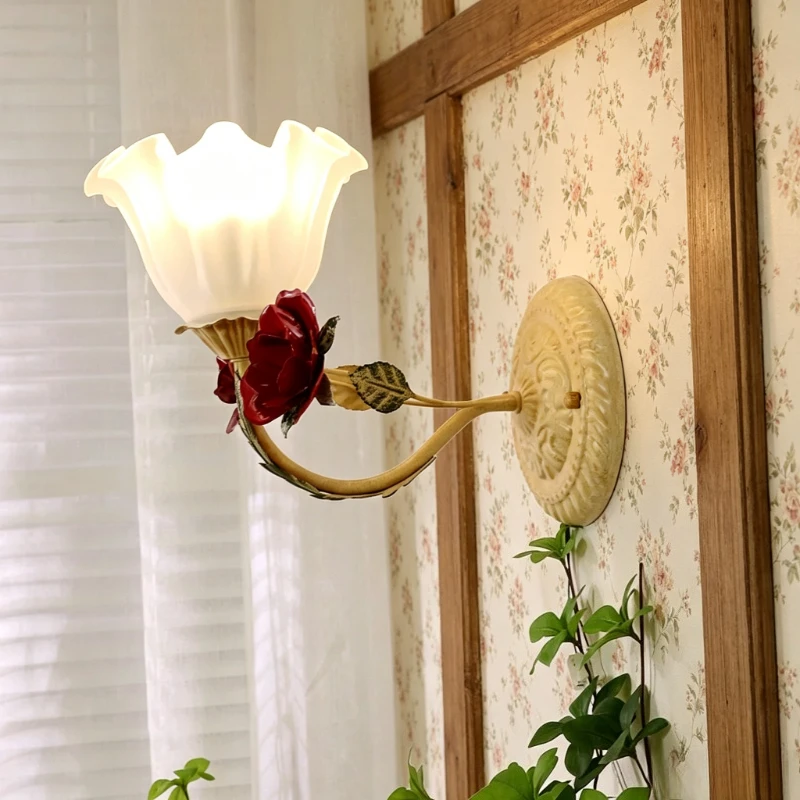 American retro wall lamp, bedroom headboard, living room background wall, wrought iron countryside decoration lighting fixture