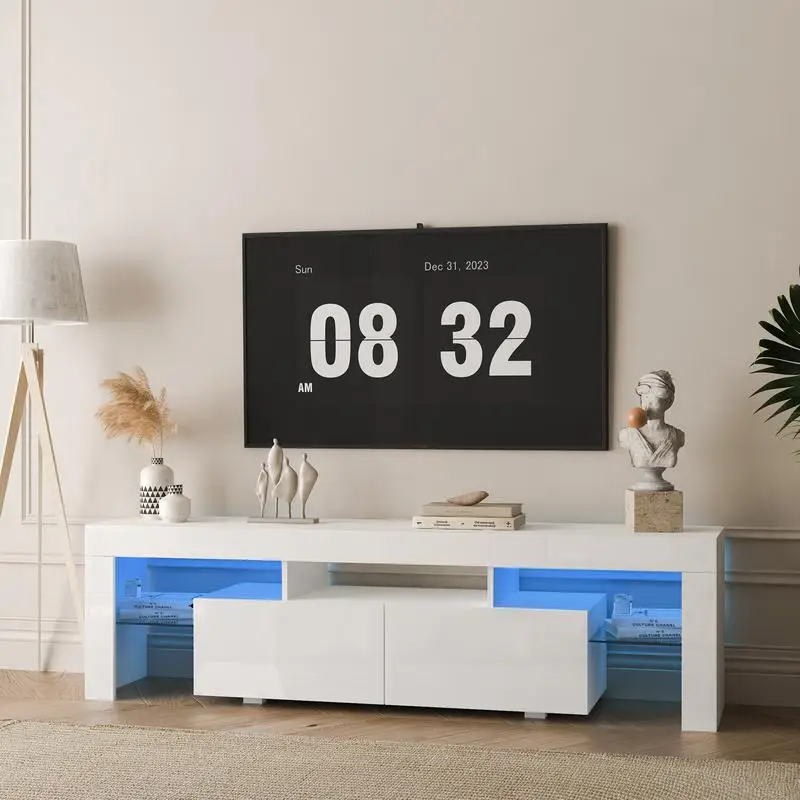 Soporte de TV moderno de alto brillo con iluminación LED para televisores de hasta 65 pulgadas, elegante consola de TV con gabinetes de almacenamiento para sala de estar