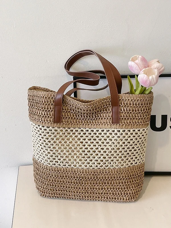 

Laid-ba Sle Woven St Tote Bag Women's Large Capaci Casual Vaion Beach Sand Bag Double oulder Strap Handbag