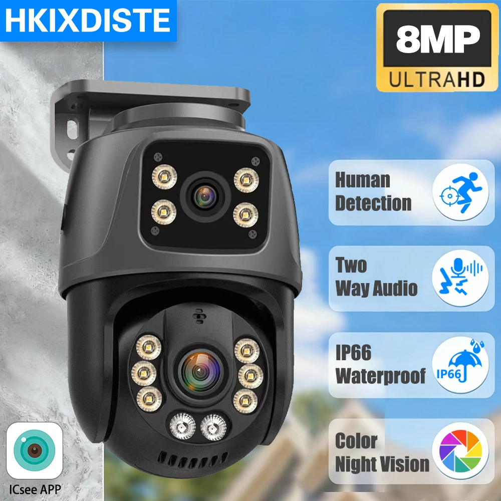 

Двойной объектив, двойной экран, 4K, 8 МП, HD POE, PTZ-камера, уличная 4-мегапиксельная IP-камера с искусственным интеллектом, обнаружение человека, CCTV, аудио-видео наблюдение P2P iCSee