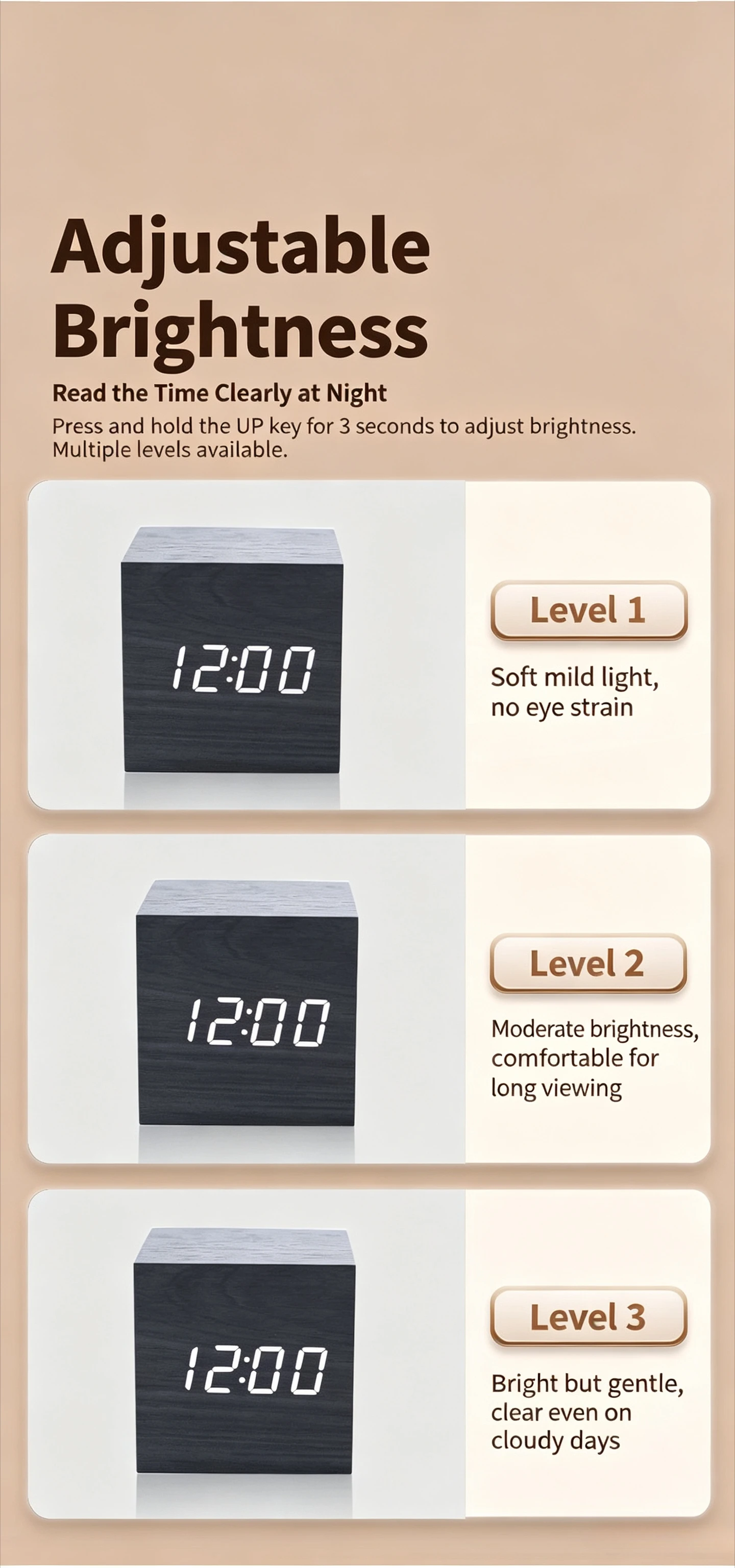 Digitaler Wecker aus Holz mit Temperaturanzeige, Geräuschsteuerung, elektronische Uhren, Tisch-USB-/AAA-betriebene LED-Nachttischuhr – Detail 3