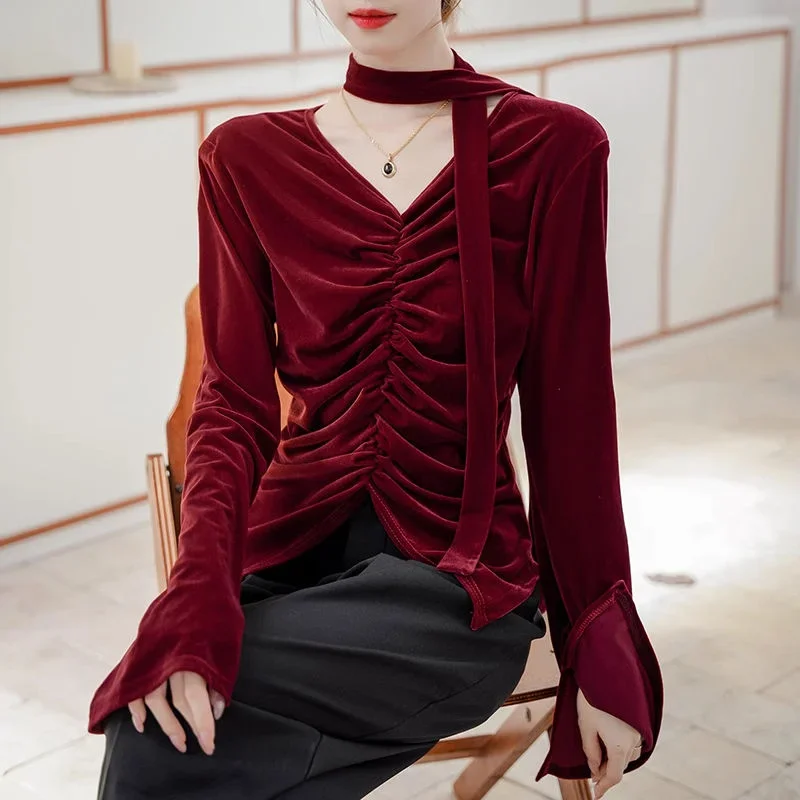 เสื้อเชิ้ตกำมะหยี่สีทองแบบผูกคอทรงเข้ารูป ดีไซน์จีบแบบฝรั่งเศส สำหรับผู้หญิง รุ่น Autumn Design