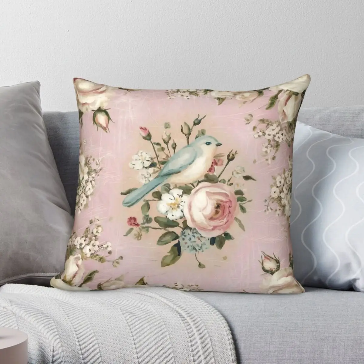 Cabbage Rose And Bird Beauty Square Pillowcase Polyester Linen Velvet Creative Zip Decorative Pillow Case Sofa Cushion Cover 18