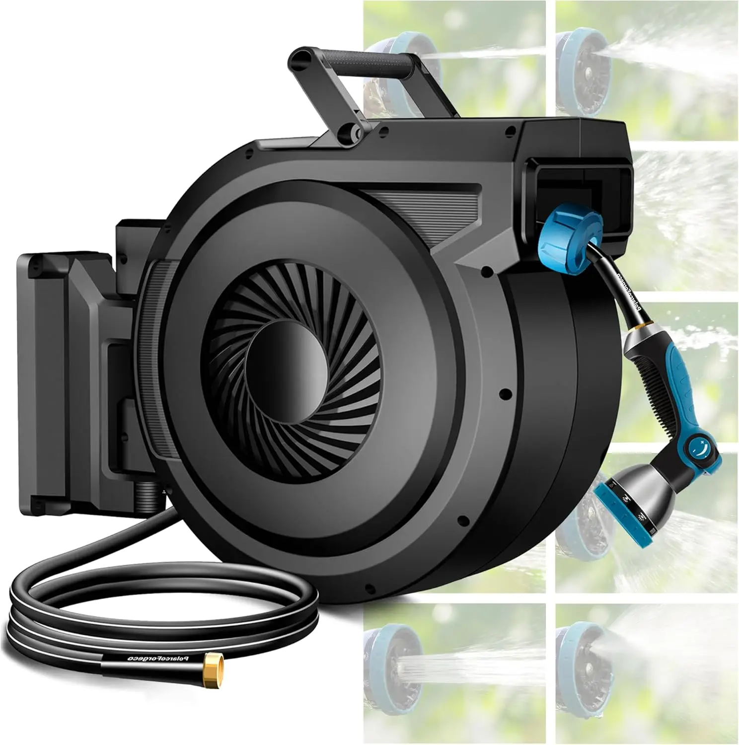 

Выдвижная катушка для садового шланга 5/8 дюйма x 90 футов, сверхмощная настенная катушка для водяного шланга, насадка с 10 шаблонами и замком любой длины