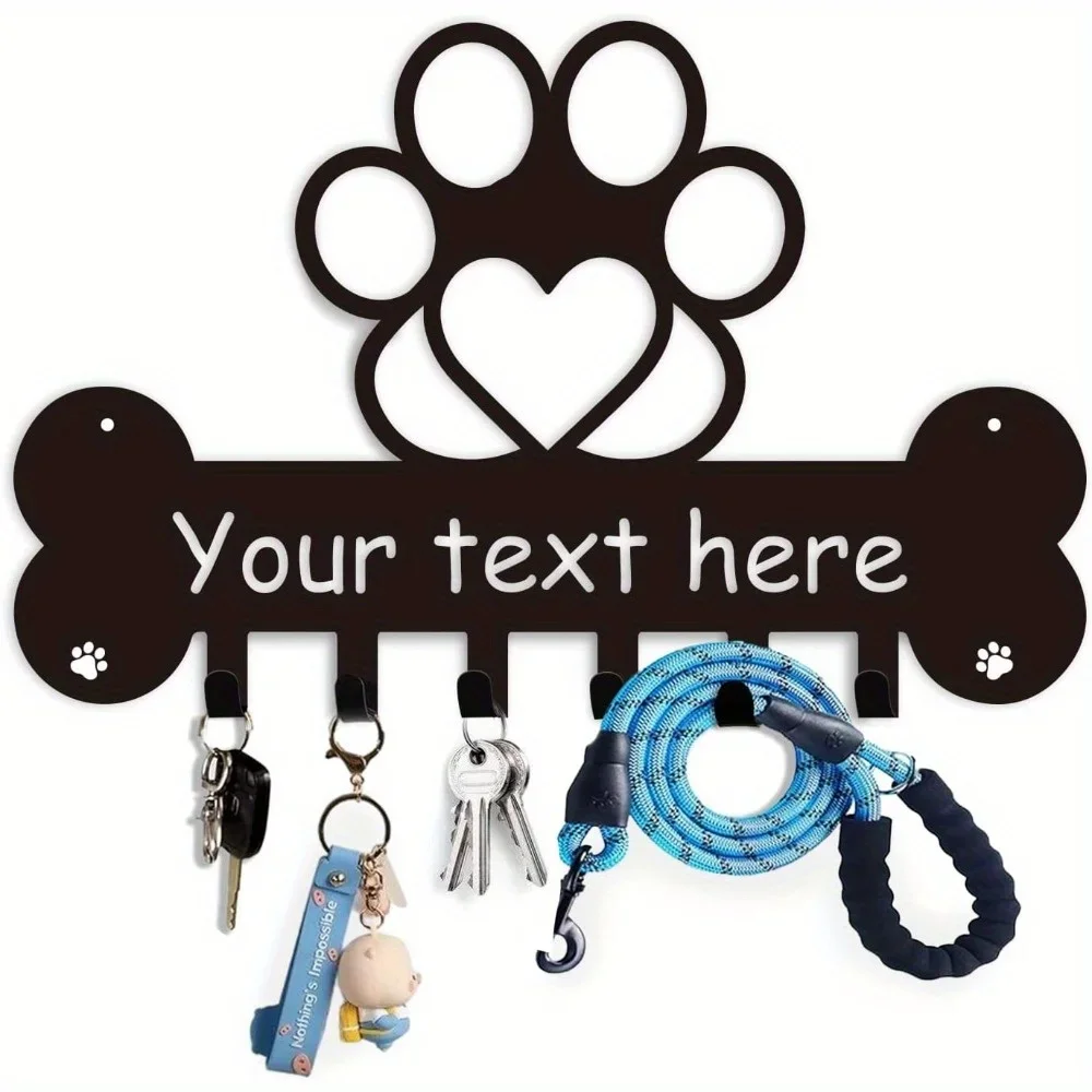 Bone and Paw Print Metal Dog Leash Holder, Customizable. Wall-Mounted As Key Hanger, Perfect Pet Gear Organizer for Dog Fans.