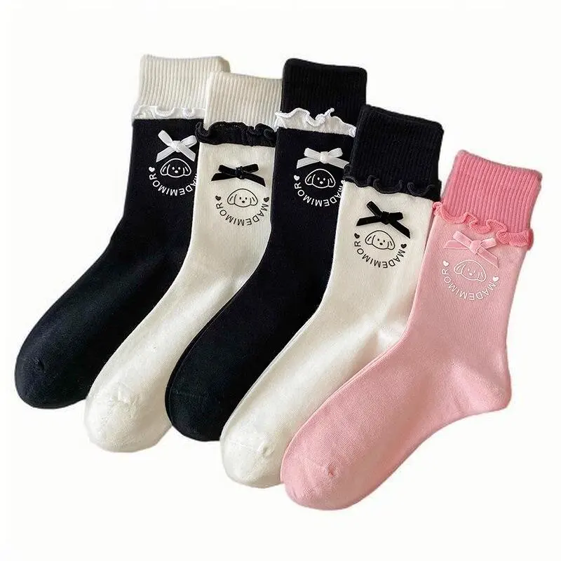 زوجان من جوارب أنبوبية متوسطة الحواف على شكل ربطة عنق على شكل فيونكة، مع تصميم جميل مثل الأساسية، دانتيل رقيق، مطابقة يومية #1