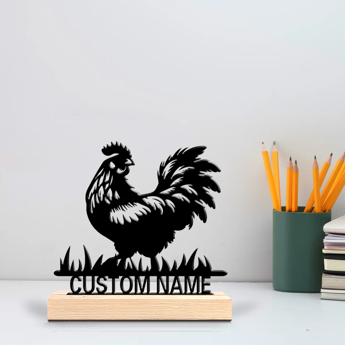 1 قطعة تماثيل معدنية رومانسية مخصصة للديك ديكور مطبخ ريفي مع قاعدة خشبية، مثالية للمزرعة، Cottagecore #1