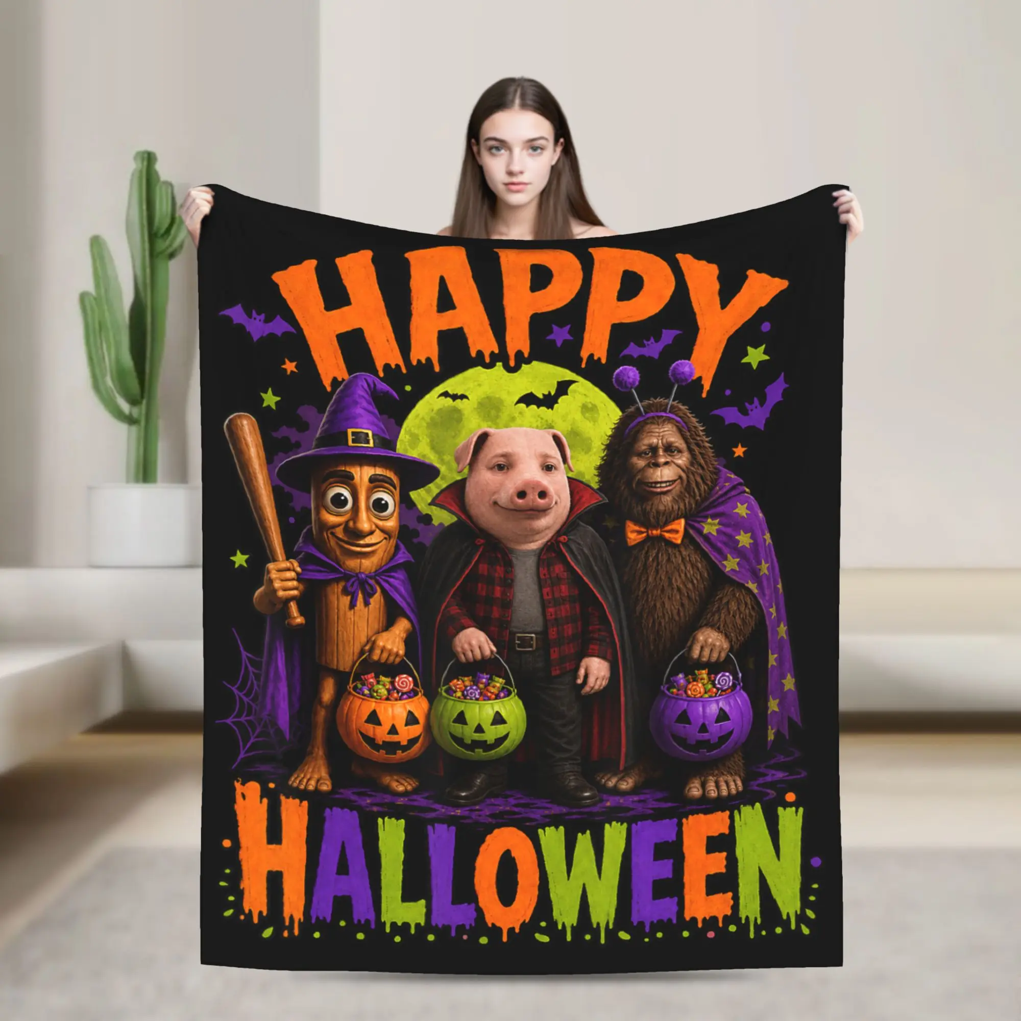 Happy Halloween Tung Tung John Pork Bigfoot Brainrot Meme Blanket Bedding Throws Winter Girls Sofa Home Travel Office Bedspread