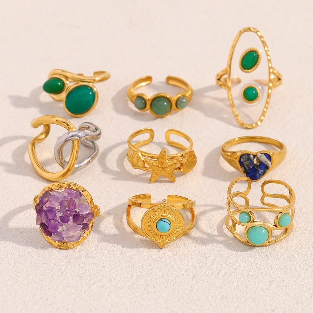 E.B.belle جديد الفولاذ المقاوم للصدأ نجم البحر القلب الأخضر اللون جولة الحجر الطبيعي الكفة الدائري PVD مطلي خمر نمط فنجر مجوهرات #1