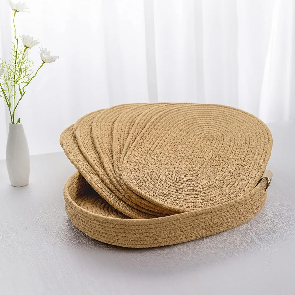 

Cotton Rope Woven Placemats 16*12 inches Oval Hot Pads Hot Mats Set of 6,1Storage Basket Holiday Table Decor (16*12,Light Brown)