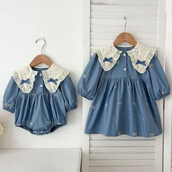 Sisters Clothes Girls Bow Embroidery Lace Clothing Baby Romper Cotton Autumn Infant Bodysuit Princess Girls Sister Family Dress