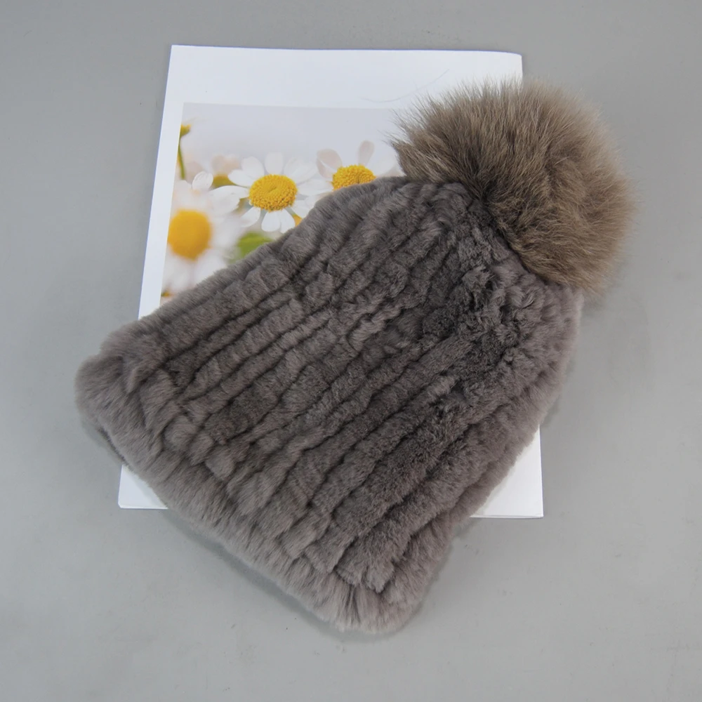 2024 Knitted Rex Rabbit Fur Beanies Hats Women Real Rex Rabbit Fur Hat Quality 100% Real Genuine Rex Rabbit Fur Fox Fur Ball Cap