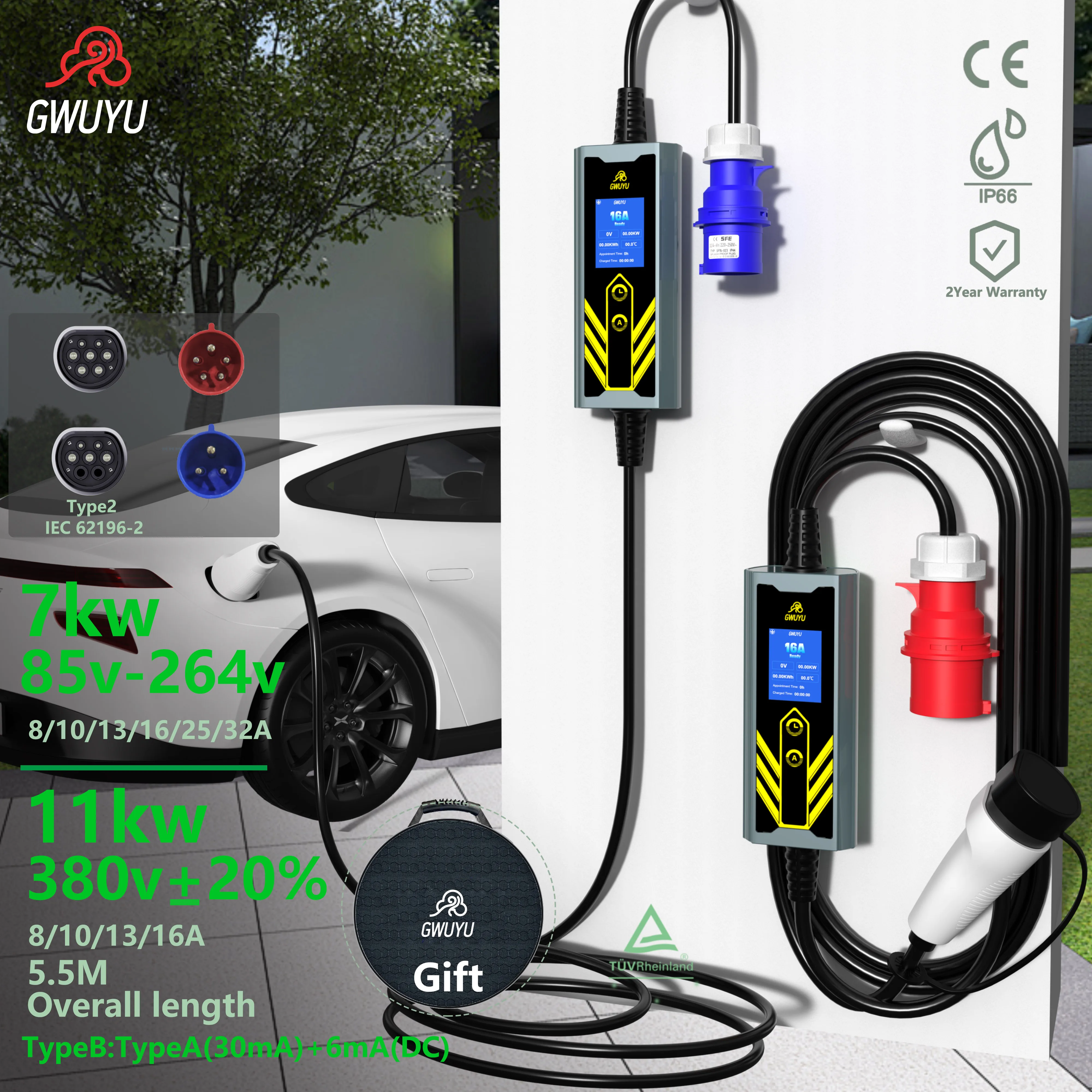 

7KW 11KW Portable EV Charger Type 2 European Standard, Aluminum Alloy Shell, IP66 Waterproof Electric Vehicle Charging Station