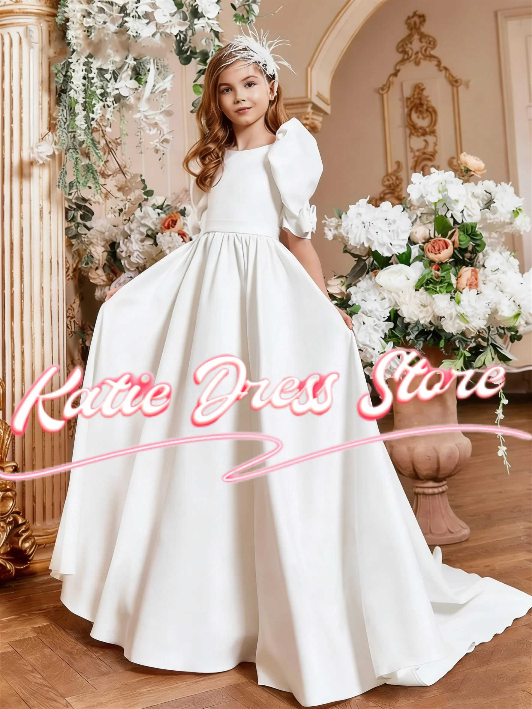 robe-de-demoiselle-d'honneur-blanche-elegante-pour-mariage-longueur-au-sol-en-satin-avec-nœud-robe-de-princesse-pour-premiere-fete-d'anniversaire-eucharistique-d'enfant