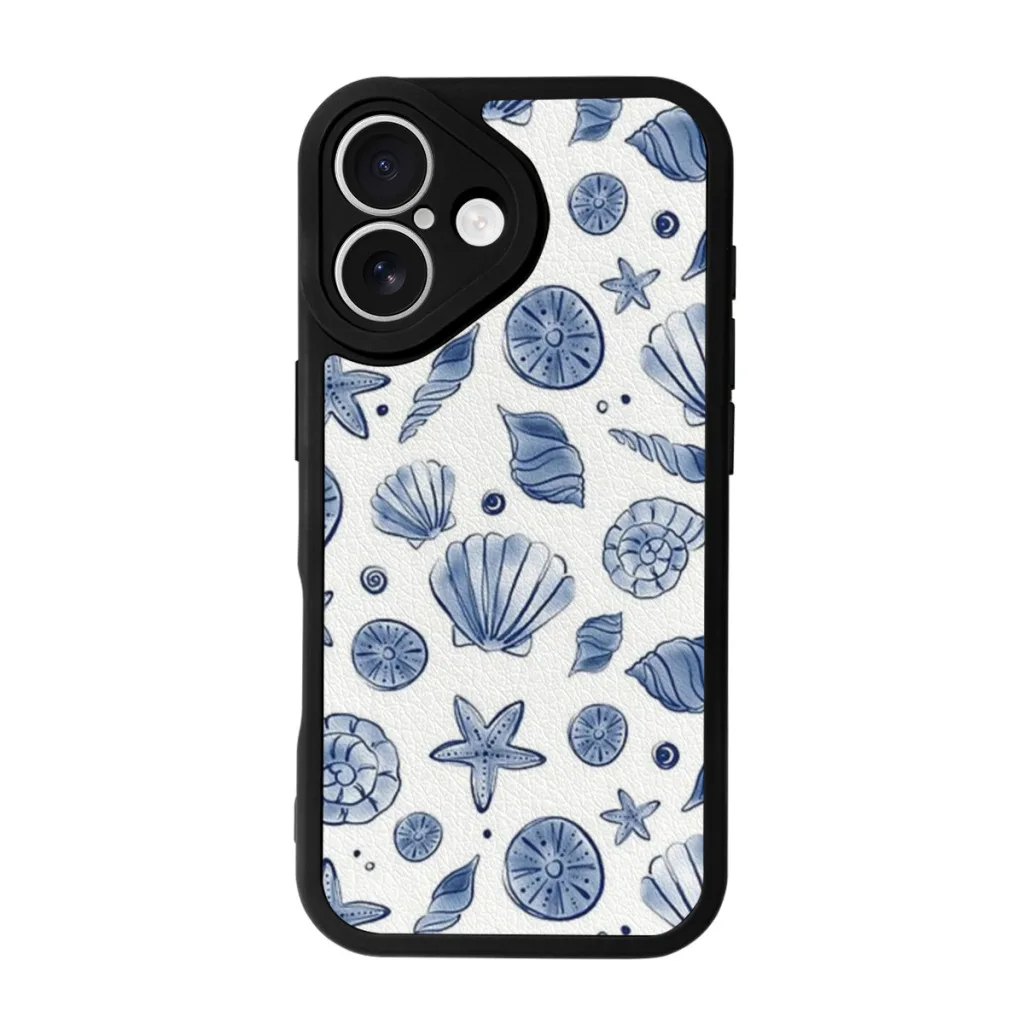 Phone Case For iPhone 16 Pro Max Silicone Skin Case Marine Life Seashell Blue and White Pattern