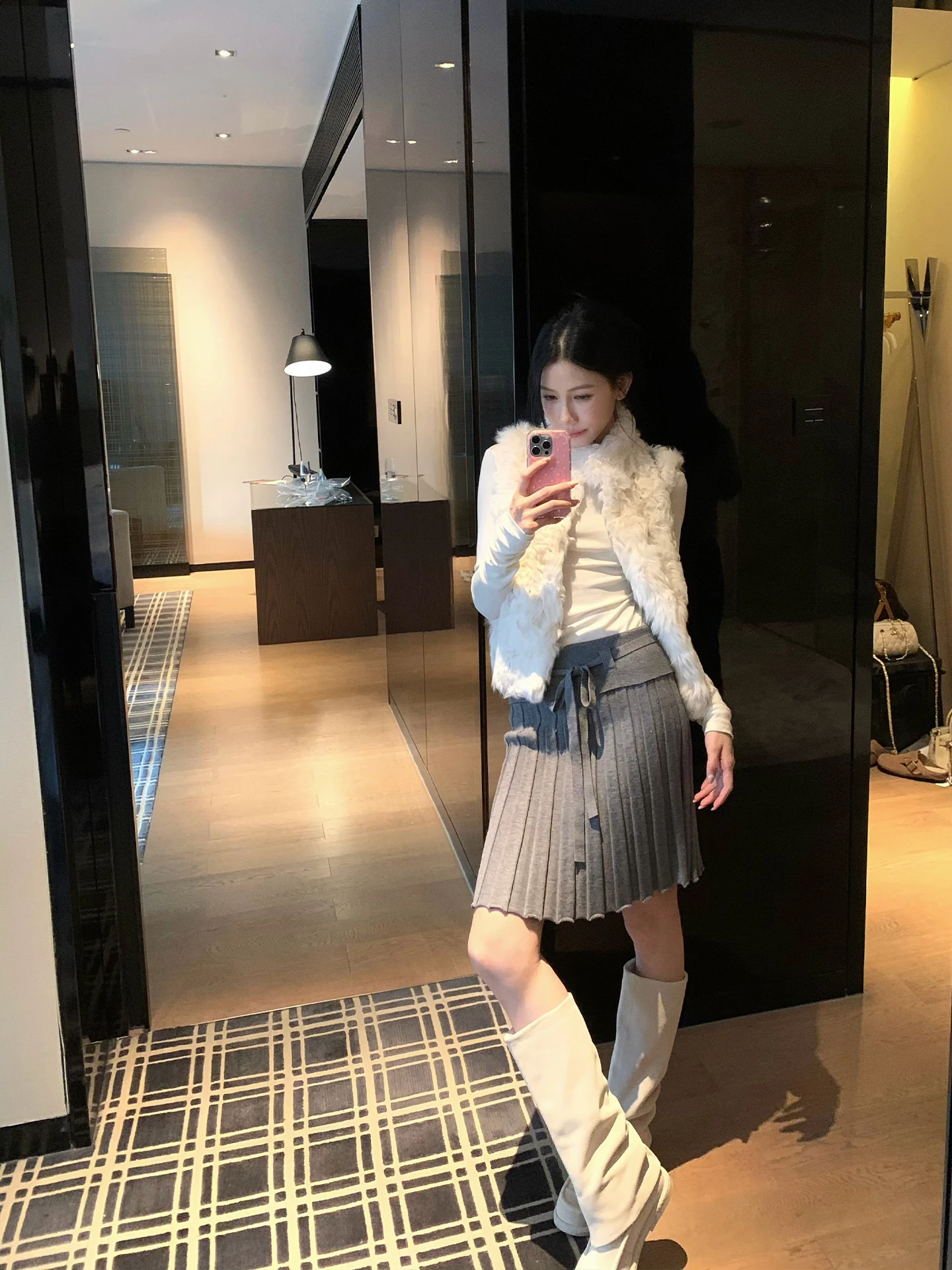 

70s Design Knitted Pleated Skirt Women's Spring Korean Style Grey Straight Cut Midi Skirt Low Waist A-Line Skirt