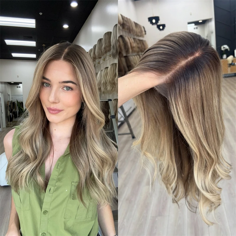 

Ombre Brown Blonde Highlights Synthetic Lace Front Wig Natural Preplucked Hairline Glueless Invisible Transparent Frontal Wig