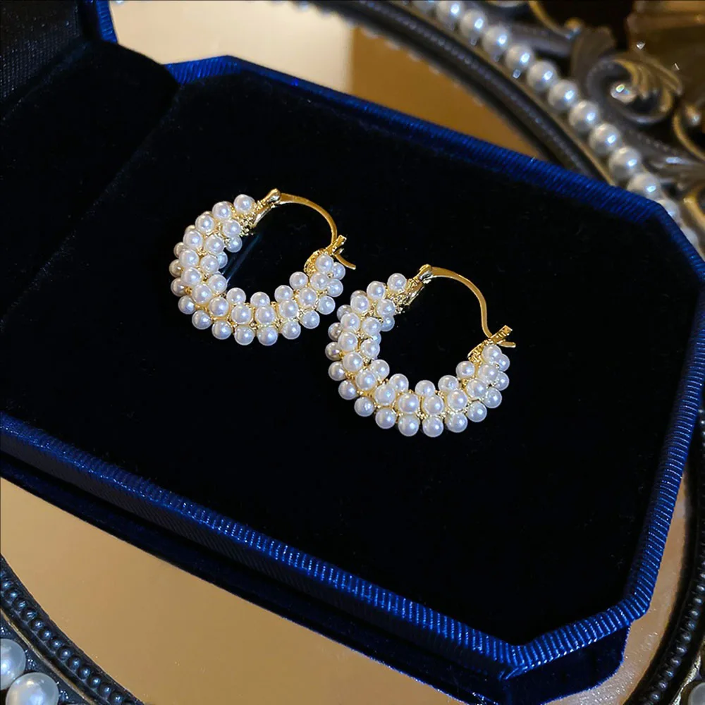 أقراط متخصصة جديدة مطلية بالذهب الحقيقي، أبازيم أذن مستديرة من اللؤلؤ، مجوهرات فاخرة ساحرة للنساء #5