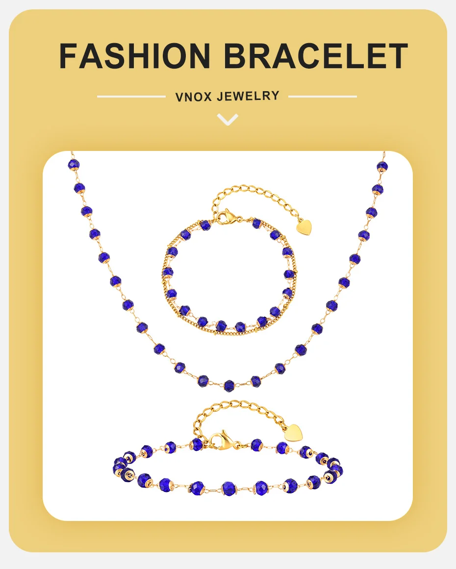 Vnox Trendy Boho Spacer Bead Chain Armbänder für Frauen, blauer Kristall, goldfarben, doppellagiges Gliederkettenarmband, Schmuck, Geschenke – Detail 1