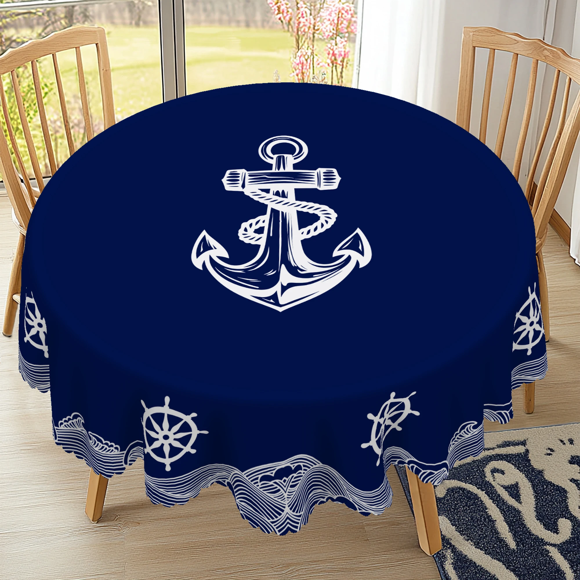 1 Piece Summer Nautical Theme Round and Rectangular Tablecloth, Available in Various Sizes, Blue Line Wave Print Pattern Design, Spring, Kitchen Tablecloth, Suitable for Seaside Wedding Gifts