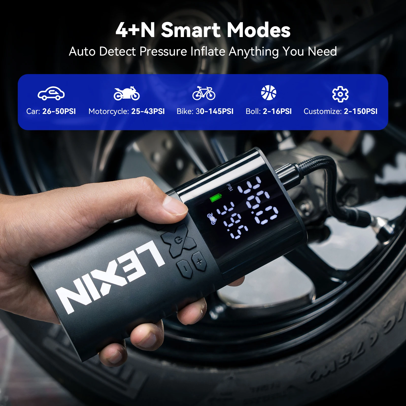 Lexin P4 Smart Air Pump 4000mAh for Motorcycles Tire Inflator Bicycle Boat with LED Digital&Preset Pressure Inflation