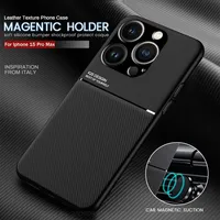 Luxury Leather Case For iPhone 15 14 13 12 11 Pro Max Plus Mini Built in Metal Plate Covers Support Car Holder Magnetic case