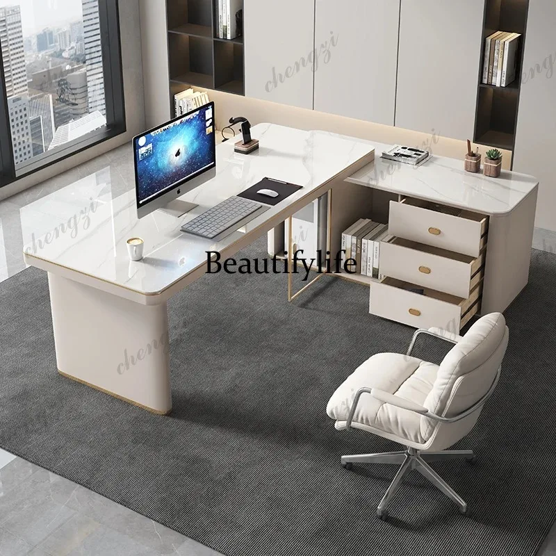 TTT  Corner Designer Modern Office Desk Accent President Reception High Rock Plate Office Desk Light Luxury Home Furniture