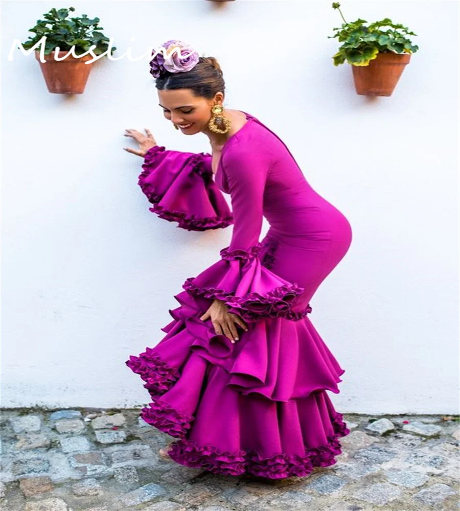 Spanish Flamenco Dance Evening Dress Fuchsia Queen Mermaid Flare Sleeves Prom Gowns Tight Custume Women Formal Party Customized