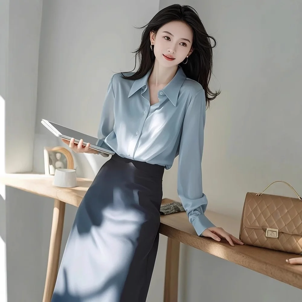 Spring Commute Blue irt Skirt Set Pear Body ape High Cold Sle Powerful Aosphere Strong Women's Wear Casual Sportswear