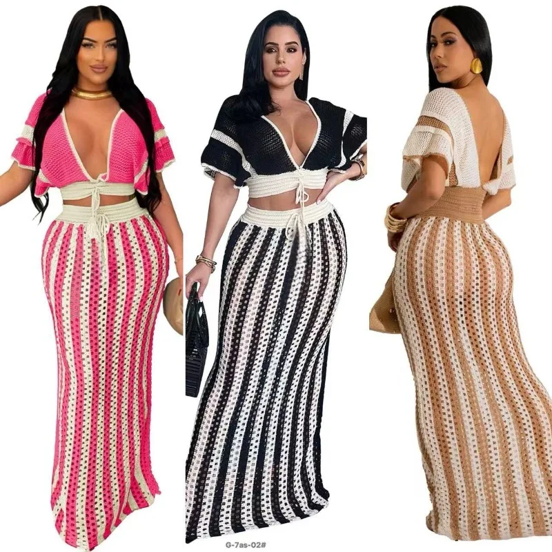 Boho Crochet Knit 2 Piece Set Sexy Summer Women Hollow Out Ruffle Sleeve Crop Top Striped Bodycon Maxi Skirt Outfit Beachwear