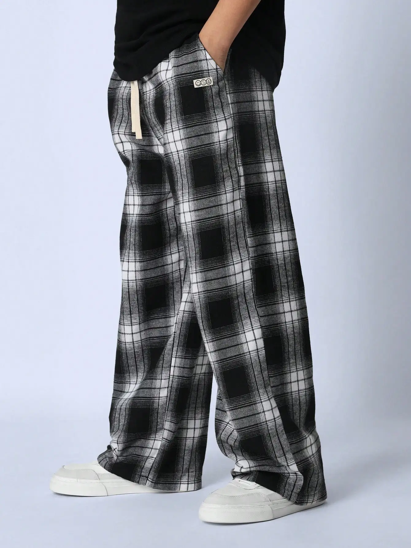 

Black and White Plaid Wide Leg Pants Loose Fit Drawstring Casual Streetwear