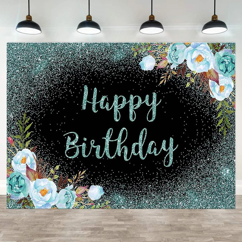 Photography Backdrop For Girls Women Happy Birthday Party Background Teal Green Floral Rose Gold Glitters Confetti Decoration