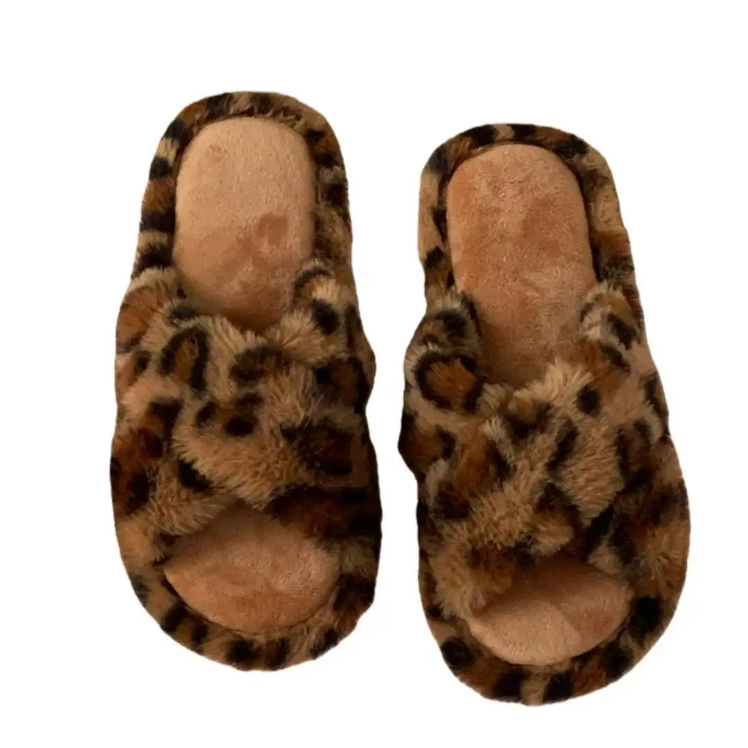 

Women's Leopard Print Home Slippers 2025 Autumn Winter Mute Floor Furry Open Toe Indoor Household Slippers