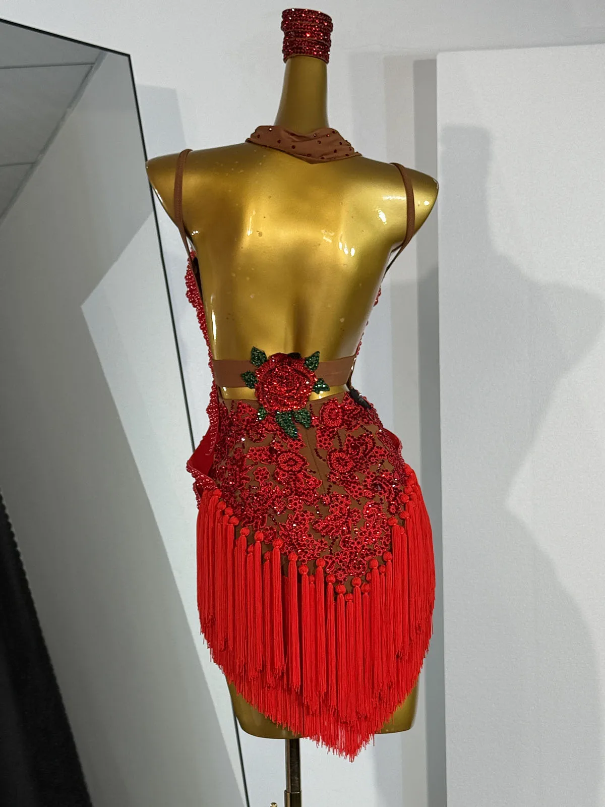 

Sparkling Custom Latin Stage Dress – Rhinestones With Fringe & Mesh Bodice Fit Perfect for Contest Stage