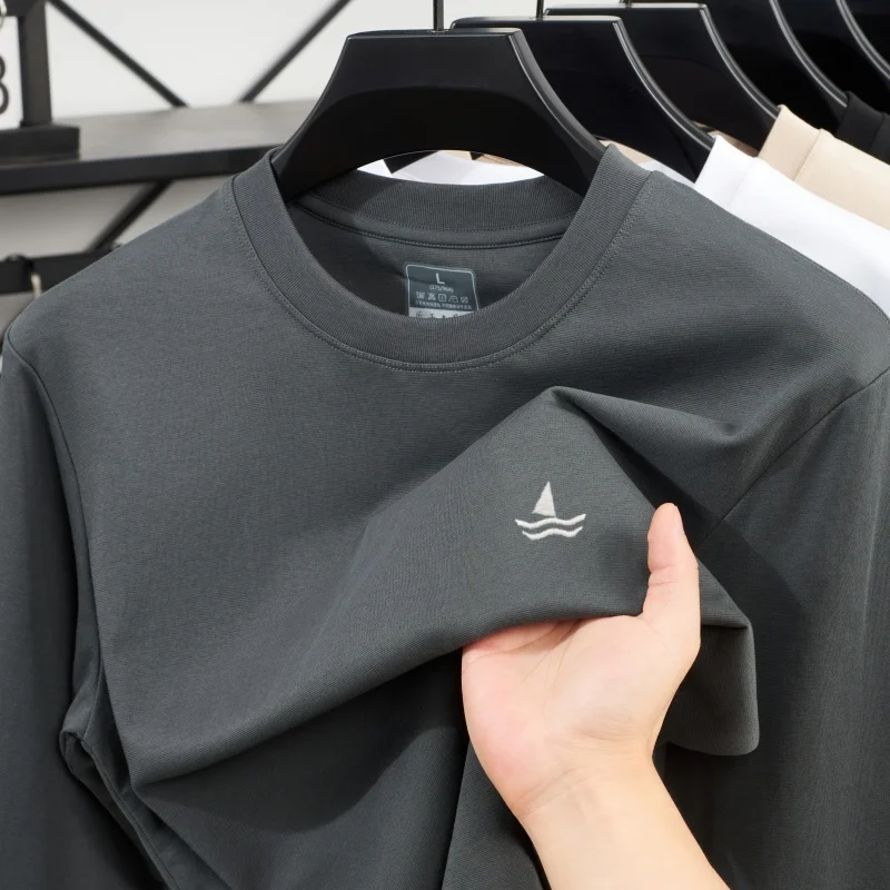 Autumn New Fashion Brand Long Sleeved Round Neck T-shirt Comfortable Hot Selling High-end Men's Original Sailboat Embroidery Top