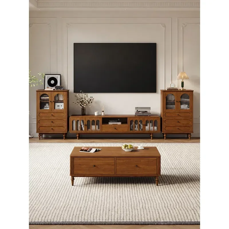Solid Wood Coffee Table TV Cabinet Sideboard Combo Living Room Simple Mid Century Modern Style Small Apartment High Leg