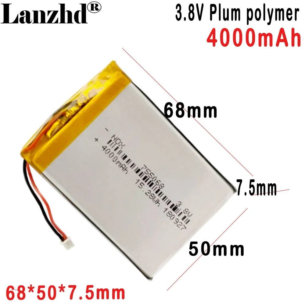 

3.8V Li polymer cell 755068 4000mAh For laptop power bank LED lamp phone battery monitoring device