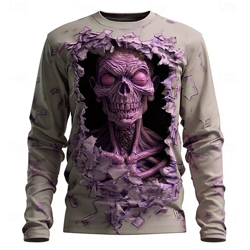 جديد الرجال ثلاثية الأبعاد الرعب الجمجمة تي شيرت الرجعية طويلة الأكمام الجولة الرقبة الرجال المألوف هالوين مجردة الشارع لباس غير رسمي #6