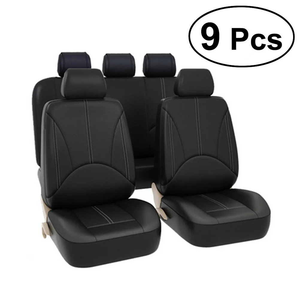 

9pcs Full Set Black Pu Car Seat Cover Universal Fit Split Bench -Resistant No Smell Easy Install Auto
