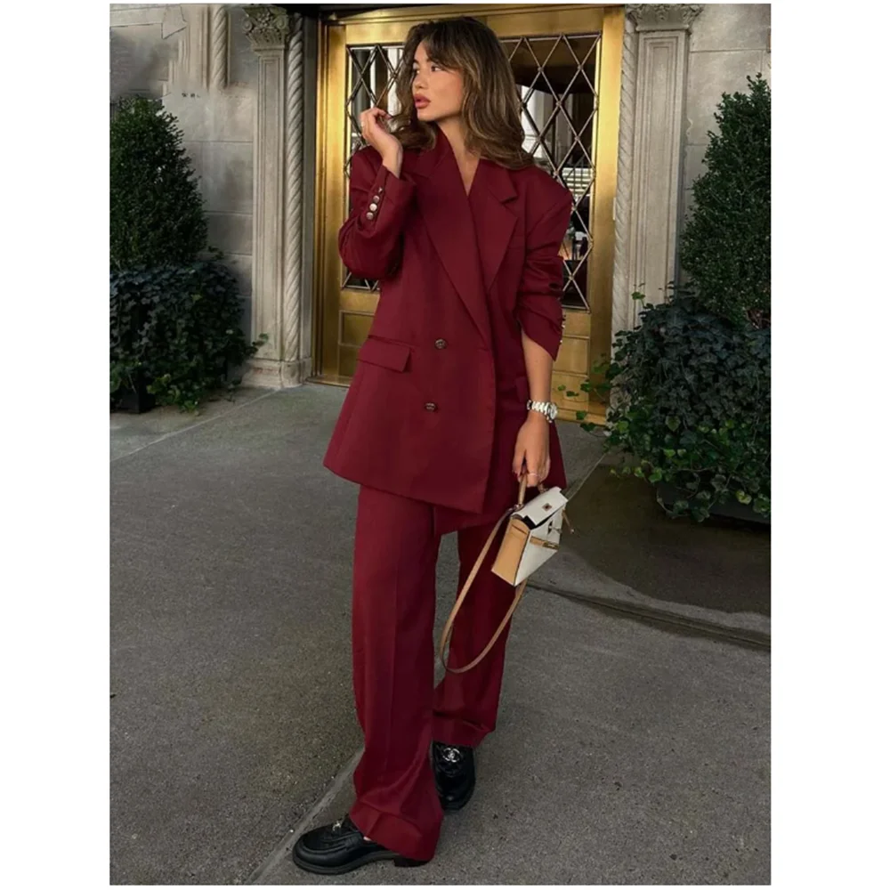 New Arrival Red Suits for Women Notch Lapel Two Piece Jacket Pants Female Clothing Slim Fit Fashion Office Lady Blazer Sets